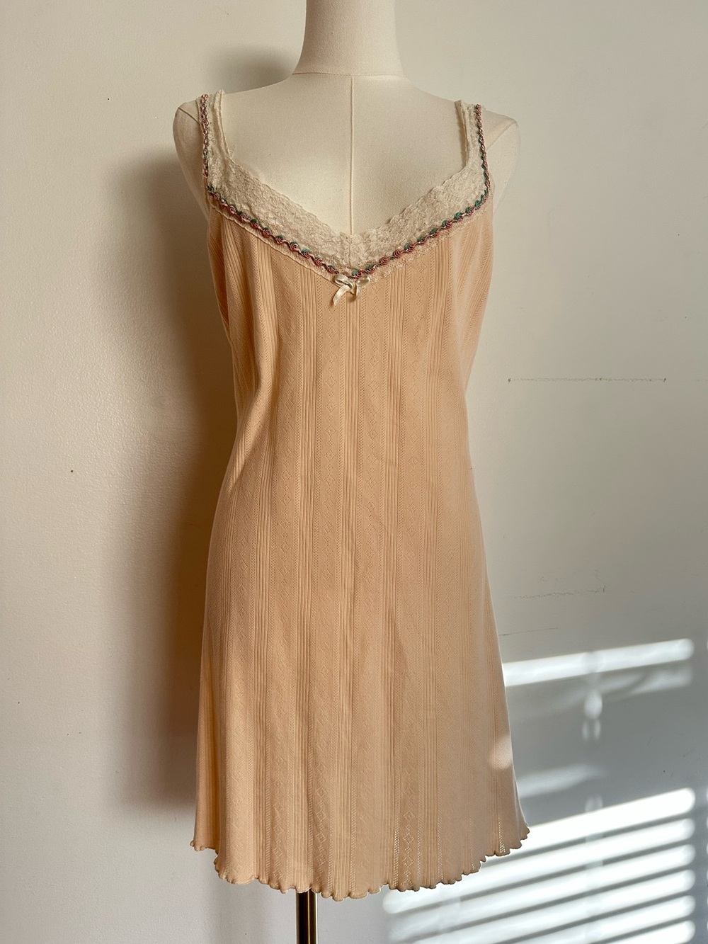 VTG Victoria's Secret Y2K 100% Cotton Ribbed Slip Dress Ribbon Rose Pointelle M